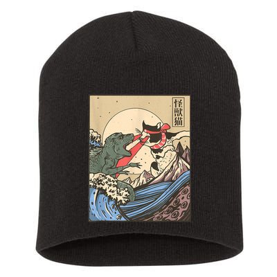 Catzilla Vs Kaiju Vintage Funny Cute Cat Art Japanese Sunset Short Acrylic Beanie