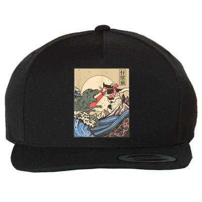 Catzilla Vs Kaiju Vintage Funny Cute Cat Art Japanese Sunset Wool Snapback Cap