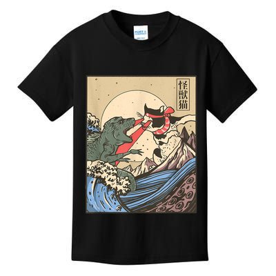 Catzilla Vs Kaiju Vintage Funny Cute Cat Art Japanese Sunset Kids T-Shirt