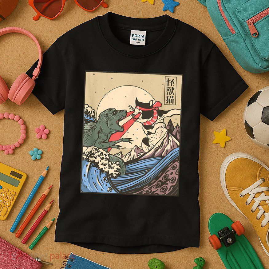 Catzilla Vs Kaiju Vintage Funny Cute Cat Art Japanese Sunset Kids T-Shirt