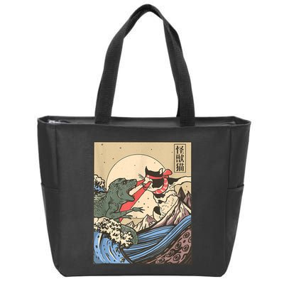 Catzilla Vs Kaiju Vintage Funny Cute Cat Art Japanese Sunset Zip Tote Bag