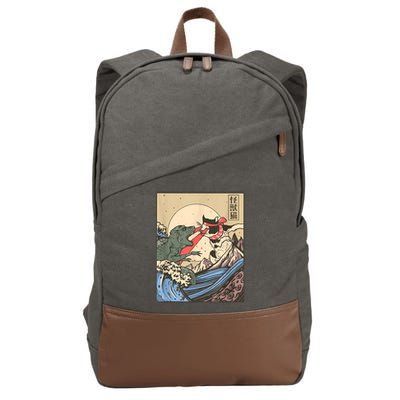 Catzilla Vs Kaiju Vintage Funny Cute Cat Art Japanese Sunset Cotton Canvas Backpack