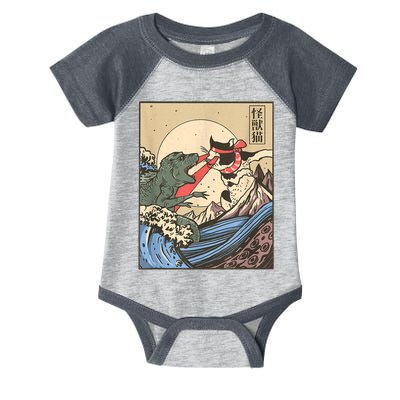 Catzilla Vs Kaiju Vintage Funny Cute Cat Art Japanese Sunset Infant Baby Jersey Bodysuit
