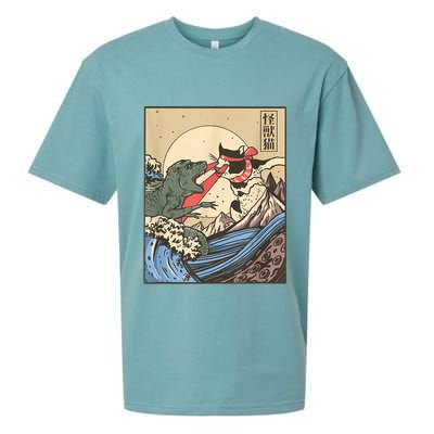 Catzilla Vs Kaiju Vintage Funny Cute Cat Art Japanese Sunset Sueded Cloud Jersey T-Shirt