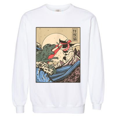 Catzilla Vs Kaiju Vintage Funny Cute Cat Art Japanese Sunset Garment-Dyed Sweatshirt