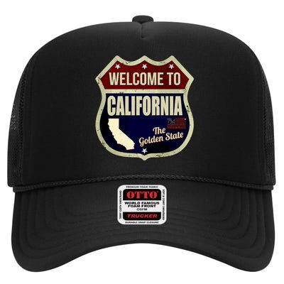 California Vintage Metal Road Sign Logo High Crown Mesh Back Trucker Hat