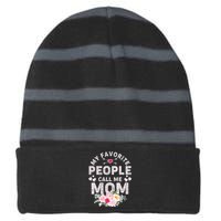 Cute Vintage My Favorite People Call Me Mom Striped Beanie with Solid Band