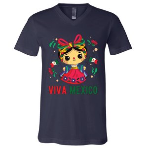 Cute Viva Mexico Girl Mexican Independence Day V-Neck T-Shirt