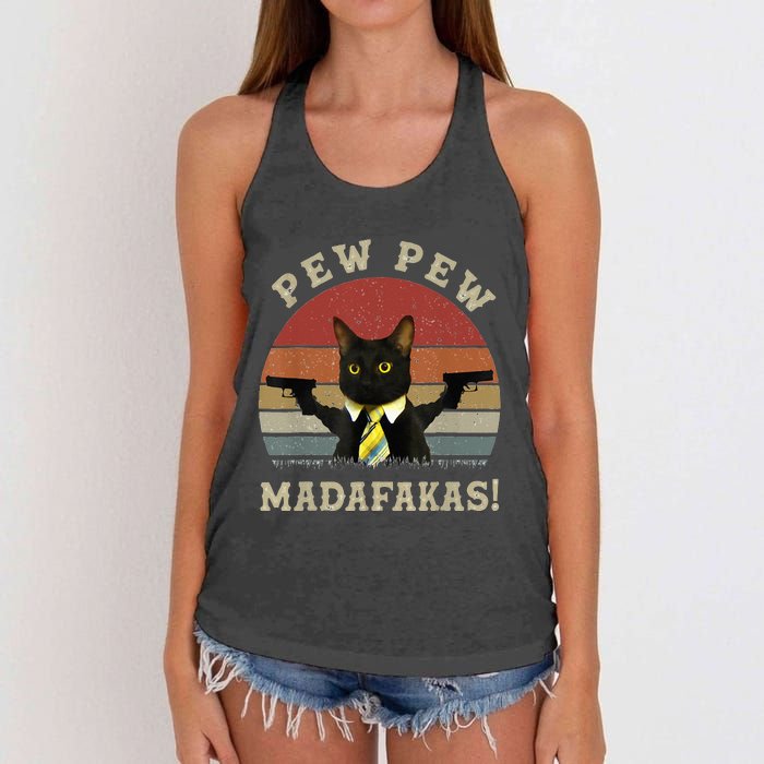 Cat Vintage PewPewPew Madafakas Cat Crazy Pew Vintage Women's Knotted Racerback Tank