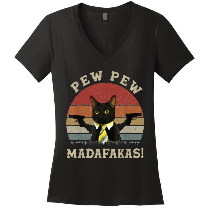 Cat Vintage PewPewPew Madafakas Cat Crazy Pew Vintage Women's V-Neck T-Shirt