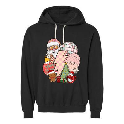 Christmas Vibes Retro Groovy Smile Face Santa Claus Cookie Gift Garment-Dyed Fleece Hoodie