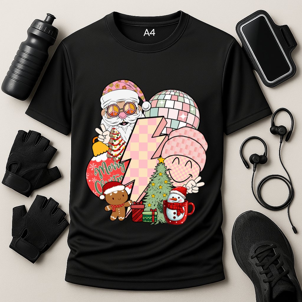 Christmas Vibes Retro Groovy Smile Face Santa Claus Cookie Gift Performance Shirt