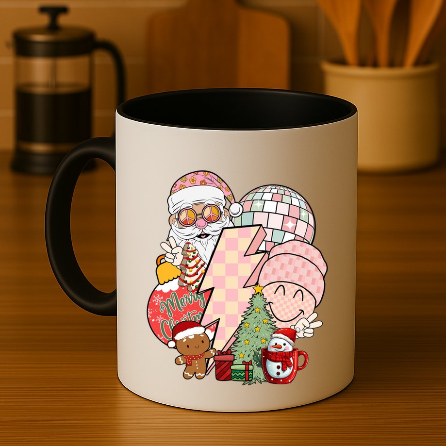 Christmas Vibes Retro Groovy Smile Face Santa Claus Cookie Gift Mug