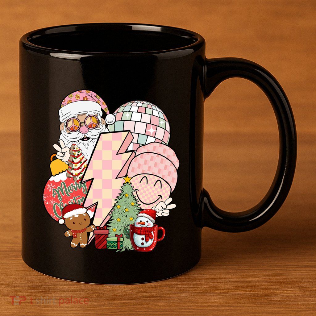 Christmas Vibes Retro Groovy Smile Face Santa Claus Cookie Gift 11oz C Handle Ceramic Mug