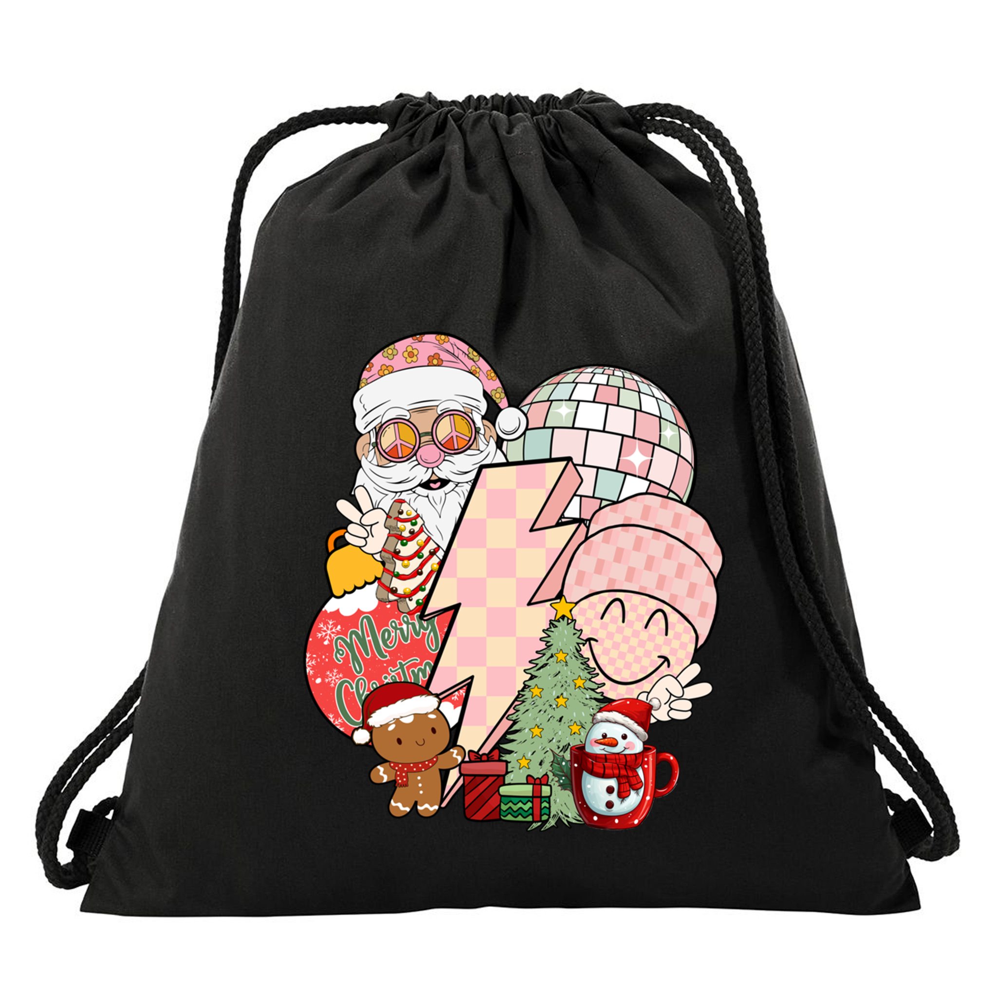 Christmas Vibes Retro Groovy Smile Face Santa Claus Cookie Gift Drawstring Bag