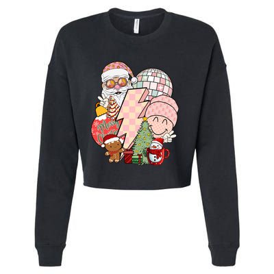 Christmas Vibes Retro Groovy Smile Face Santa Claus Cookie Gift Cropped Pullover Crew