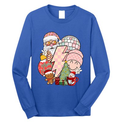 Christmas Vibes Retro Groovy Smile Face Santa Claus Cookie Gift Long Sleeve Shirt