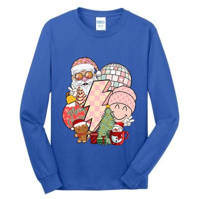 Christmas Vibes Retro Groovy Smile Face Santa Claus Cookie Gift Tall Long Sleeve T-Shirt