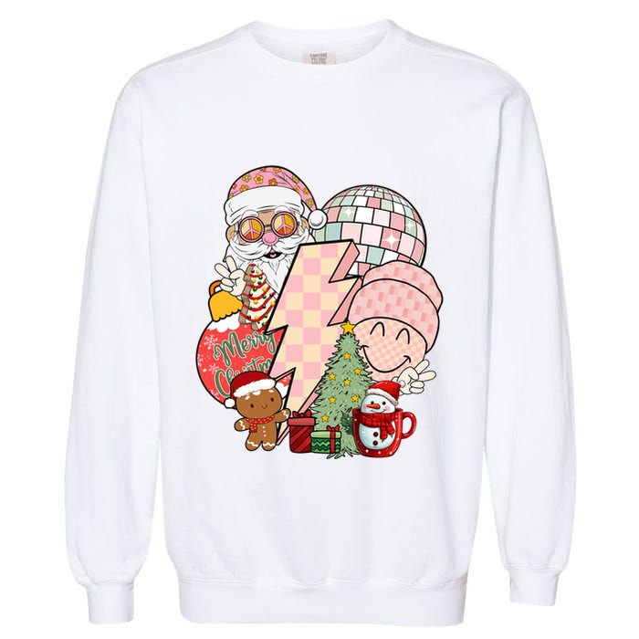 Christmas Vibes Retro Groovy Smile Face Santa Claus Cookie Gift Garment-Dyed Sweatshirt