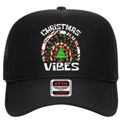 CHRISTMAS VIBES Rainbow Funny Xmas Pajama High Crown Mesh Back Trucker Hat