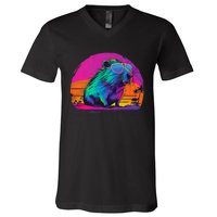 Capybara Vintage Rodent Retro Vaporwave Aesthetic Goth V-Neck T-Shirt