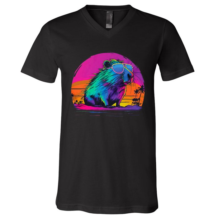 Capybara Vintage Rodent Retro Vaporwave Aesthetic Goth V-Neck T-Shirt