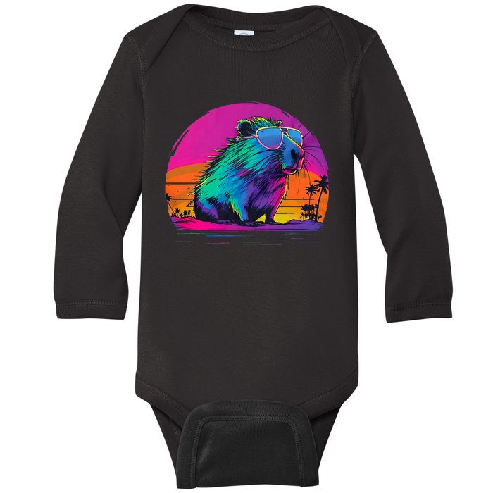 Capybara Vintage Rodent Retro Vaporwave Aesthetic Goth Baby Long Sleeve Bodysuit