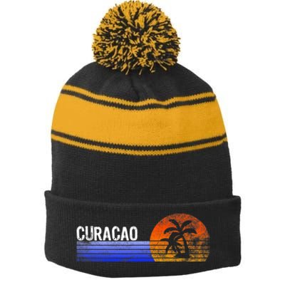 Curacao Vacation Retro Souvenir Sunset Vintage Trip Curacao Stripe Pom Pom Beanie