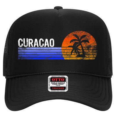 Curacao Vacation Retro Souvenir Sunset Vintage Trip Curacao High Crown Mesh Back Trucker Hat