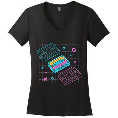 Cassettes Vaporwave Retrowave Synthwave Retro Vintage Women's V-Neck T-Shirt