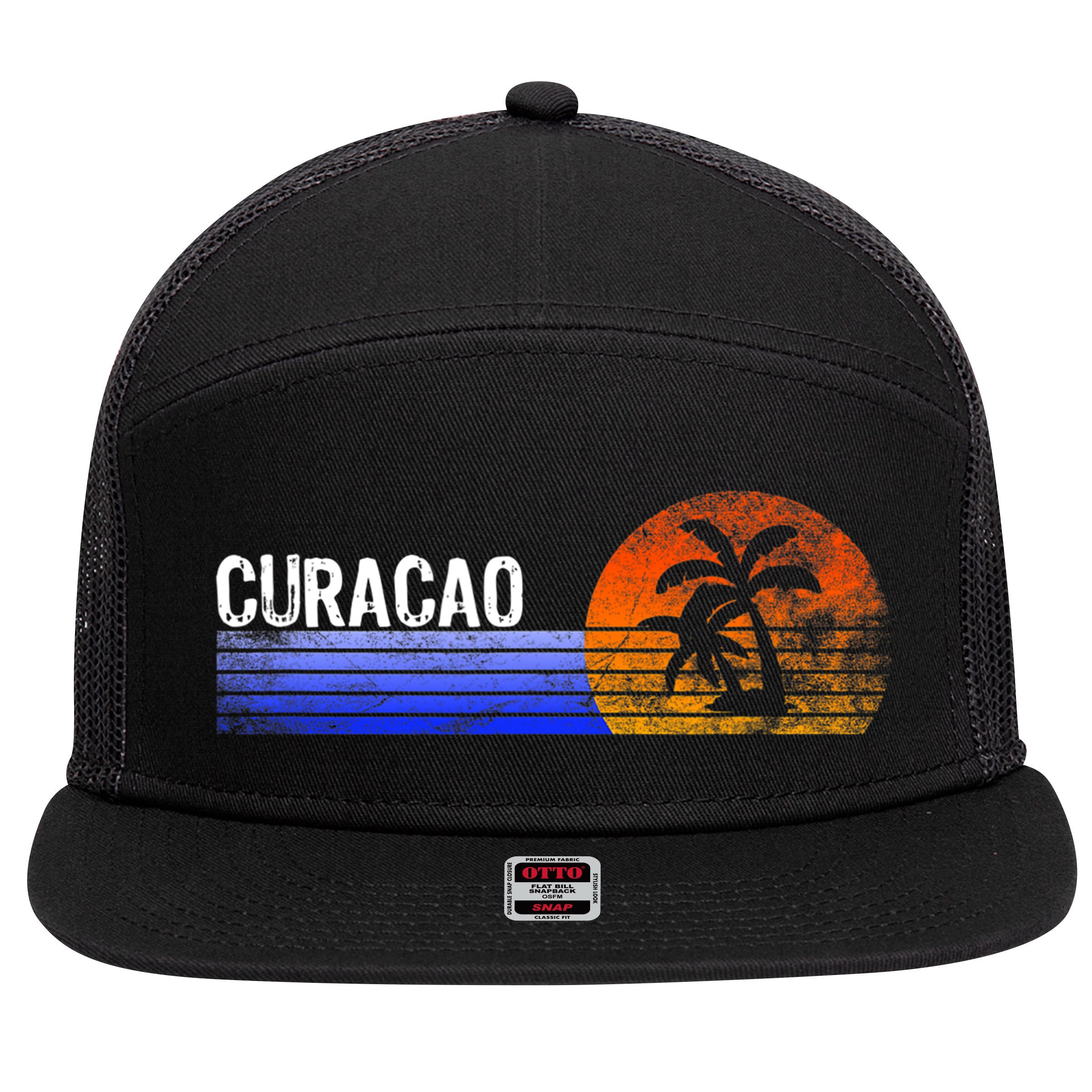 Curacao Vacation Retro Souvenir Sunset Vintage Trip Curacao 7 Panel Mesh Trucker Snapback Hat