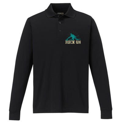 Curling Vintage Rock On Funny Winter Sports Fan Performance Long Sleeve Polo