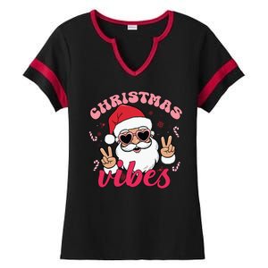 Christmas Vibes Santa Claus Peace Retro Groovy Ladies Halftime Notch Neck Tee