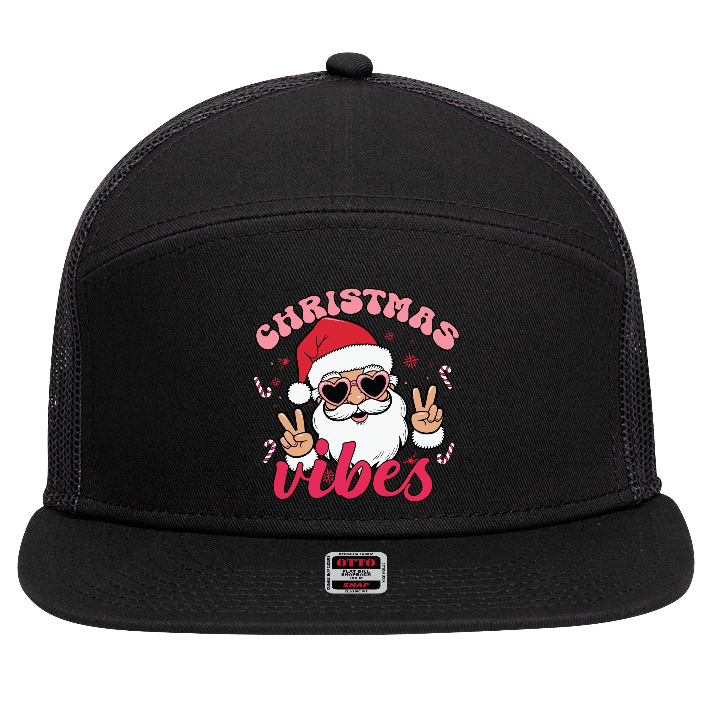 Christmas Vibes Santa Claus Peace Retro Groovy 7 Panel Mesh Trucker Snapback Hat