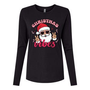 Christmas Vibes Santa Claus Peace Retro Groovy Womens Cotton Relaxed Long Sleeve T-Shirt