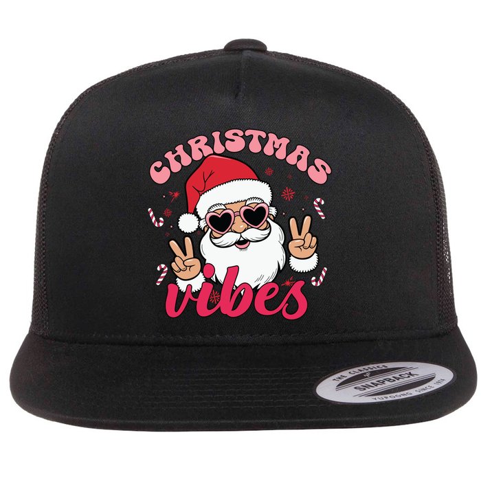 Christmas Vibes Santa Claus Peace Retro Groovy Flat Bill Trucker Hat