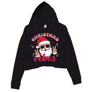 Christmas Vibes Santa Claus Peace Retro Groovy Crop Fleece Hoodie