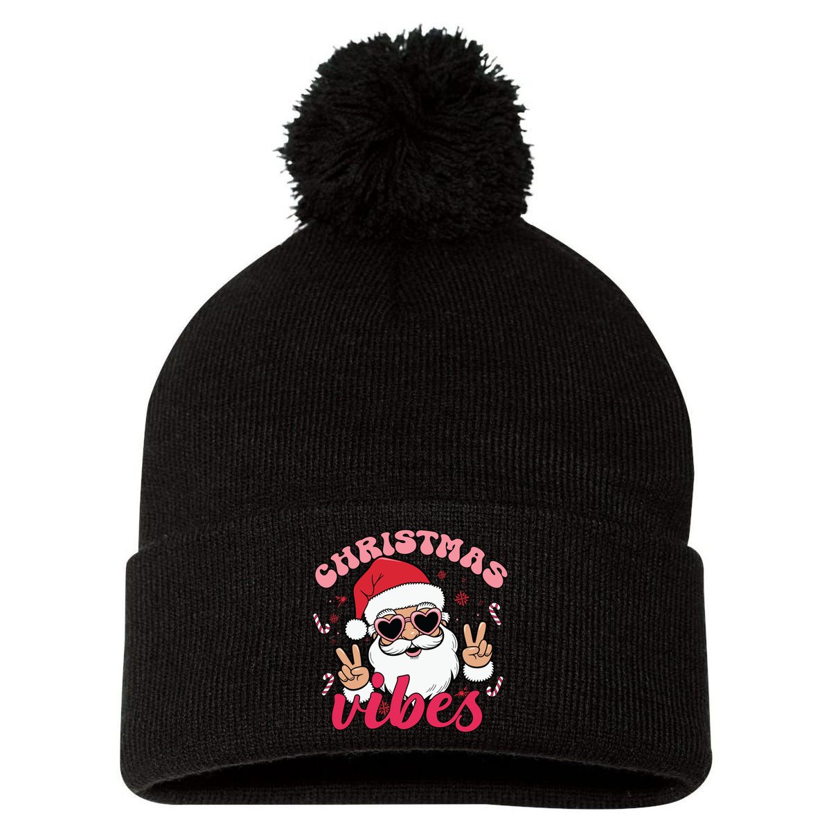 Christmas Vibes Santa Claus Peace Retro Groovy Pom Pom 12in Knit Beanie