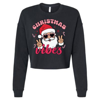 Christmas Vibes Santa Claus Peace Retro Groovy Cropped Pullover Crew
