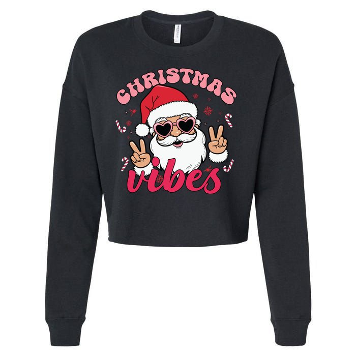 Christmas Vibes Santa Claus Peace Retro Groovy Cropped Pullover Crew