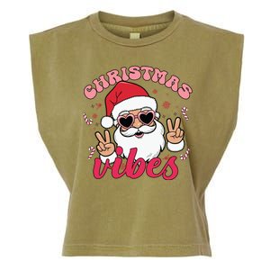 Christmas Vibes Santa Claus Peace Retro Groovy Garment-Dyed Women's Muscle Tee