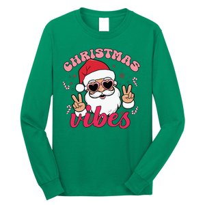 Christmas Vibes Santa Claus Peace Retro Groovy Long Sleeve Shirt