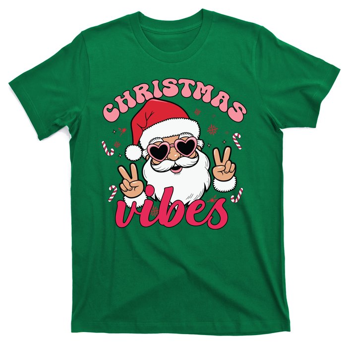 Christmas Vibes Santa Claus Peace Retro Groovy T-Shirt