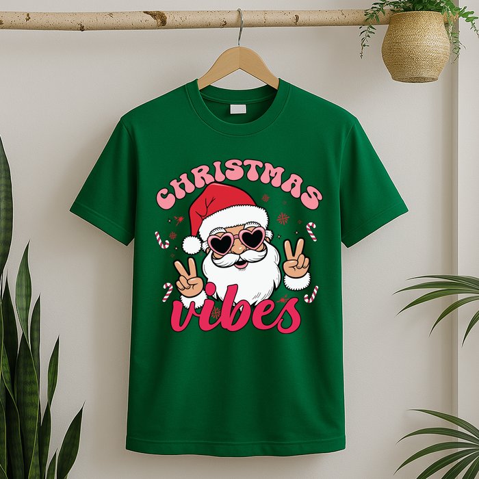 Christmas Vibes Santa Claus Peace Retro Groovy T-Shirt