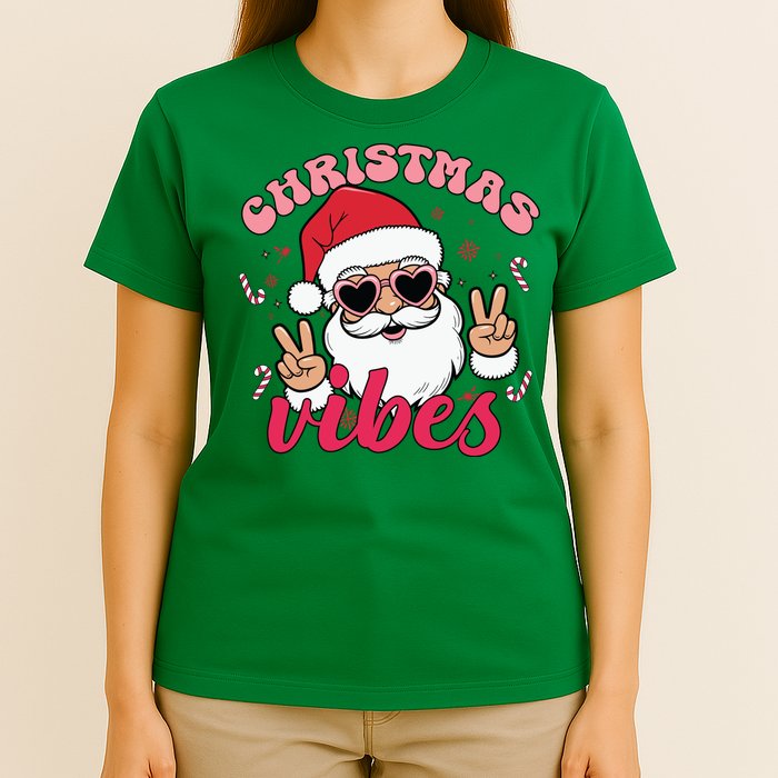 Christmas Vibes Santa Claus Peace Retro Groovy T-Shirt