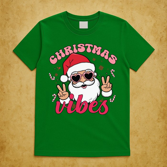 Christmas Vibes Santa Claus Peace Retro Groovy T-Shirt