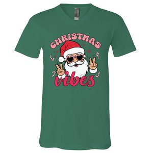 Christmas Vibes Santa Claus Peace Retro Groovy V-Neck T-Shirt