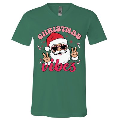 Christmas Vibes Santa Claus Peace Retro Groovy V-Neck T-Shirt