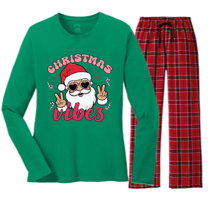 Christmas Vibes Santa Claus Peace Retro Groovy Women's Long Sleeve Flannel Pajama Set 