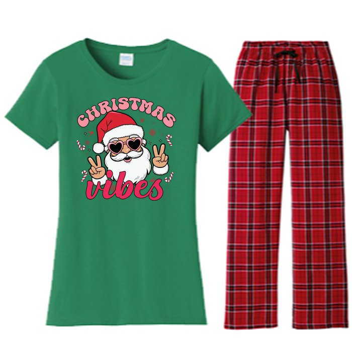 Christmas Vibes Santa Claus Peace Retro Groovy Women's Flannel Pajama Set